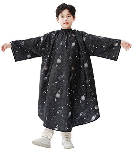 Kinder-Haarschneideumhang mit Ärmeln, Friseurumhang für Jungen und Mädchen, professioneller Salon oder Zuhause, schwarzer Weltraumdruck
