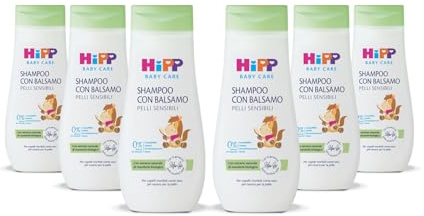 HiPP - Baby Care - Shampoo con Balsamo per Bambini, Districa i Capelli e Protegge il Cuoio Capelluto, pH Neutro, per Pelli Sensibili, con Estratto Naturale di Mandorle Bio, 6 Pezzi da 200 ml