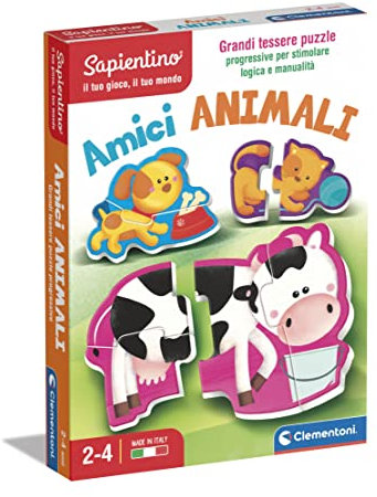 Clementoni - Sapientino-Freunde, pädagogisches Spiel für 2 Jahre, Einsteckkarten, Puzzlespiel, Tier-Flashkarten-Made in Italy, italienische Farbe, 16767