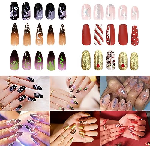 SeseBee Press on Nails, 6 Packs (144 Pcs) False Nails with Glue Stickers, Coffin Full Cover Acrylic Nail Adhesive Tab for Women Girls Art, Gift Box Packaging (Sequin Style), Green, Pack of 1