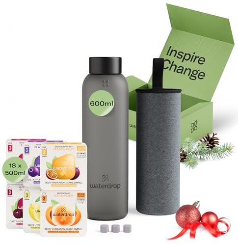 waterdrop® Coffret Dégustation Verre - Bouteille en Verre 600ml + 18 Cubes à Boire en 6 Saveurs, Boisson en Cube avec Vitamine C & Vitamine B, Sans Sucre, Gourde d'Eau, Coffret Cadeau Femme & Homme
