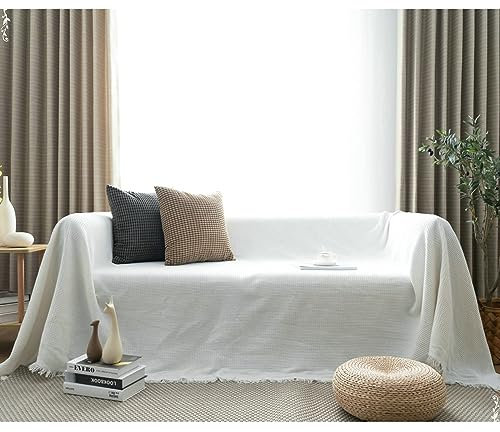 Homxi Sofaüberwurf Zweisitzer,180x230CM,Sofaüberwurf Decke Einfarbig mit Quaste Sofaüberwurf Decke Baumwolle Sofa Handtuch Weiß Cauchsofa Bezug