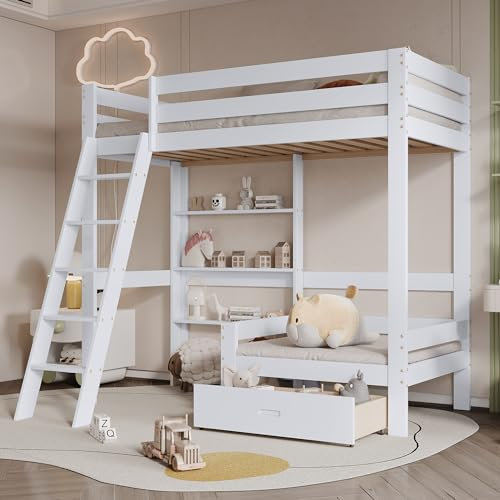 HAINEW Kinderbett 90 × 200 cm mit Regalen und Sofa, Holzbett Etagenbett mit Einer Schublade und Fünfstufiger Schrägleiter, Bettrahmen aus Massivholz, Hochbett für Kinder, Weiß (Ohne Matratze)