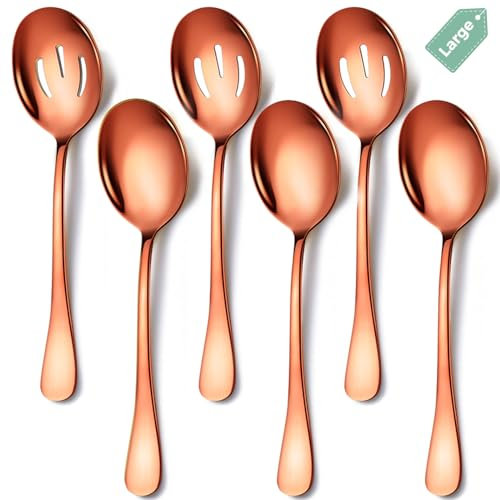 Rose Gold 6-Piece Stainless Steel Serving Set - Includes Large Serving Spoon and Slotted Spoons - 10-Inch, Dishwasher Safe - Perfect for Parties/Buffets