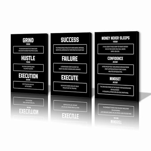 KAWAHONE Motivierendes Wandkunst-Set – Grind Hustle Execution Success Money Never Sleeps Confidence Mindset Wandkunst – Unternehmer-Zitate inspirierende Poster Zitate Wandkunst Leinwand für Büro,
