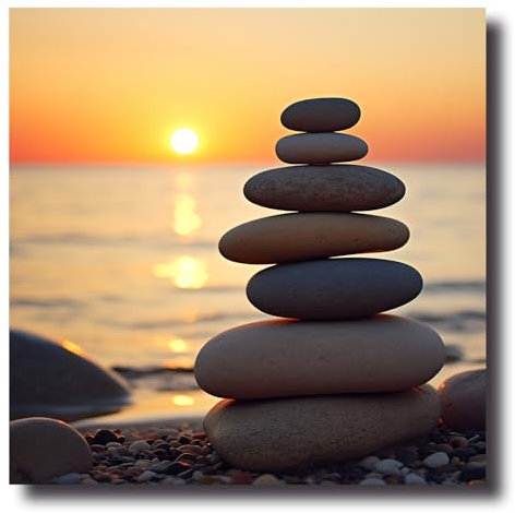 LZIMU Badezimmer Wandkunst Sonnenuntergang Kieselsteine Malerei Zen Stein Leinwand Bildere Spa Bild Meditation Kunstwerk für Yoga Zimmer Büro Gerahmt (Bild-2, (40.00 x 40.00 cms))