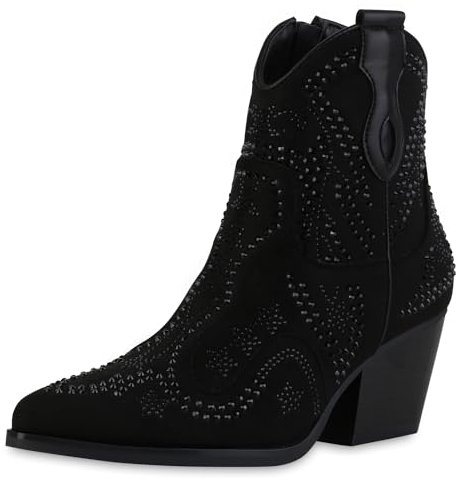 VAN HILL Damen Cowboy Boots Trichterabsatz Strass Trendy Schuhe 214257 Schwarz 38