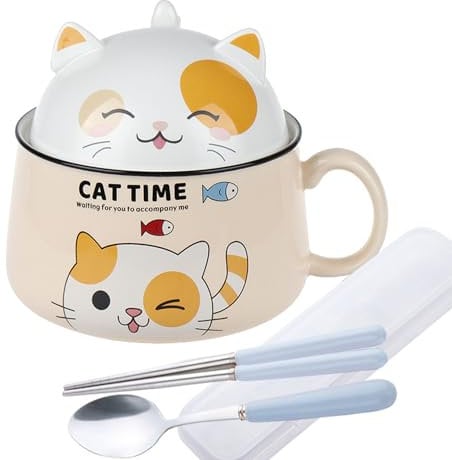 Cute Ramen Bowl with Handle and Lid,Ceramic Instant Noodle Bowl with Spoon & Chopstick,1020ml Large Ceramic Soup Bowls for Soup, Udon Pasta Salad Cereal,Microwave & Dishwasher Safe