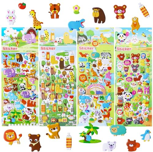 ALEGRE 3D Tier Sticker für Kinder, 4 Blätter Puffy Aufkleber Set, 3D Sticker Tiere für Jungen und Mädchen, Belohnungssticker für Party, Kindergeburtstag, Gastgeschenke, Mitgebsel