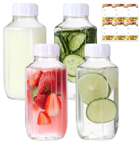 Alotpower 16 oz Glass Juice Bottles with Lids 4 Pack,Empty Square Reusable Glass Bottles for Juicing,Milk,Kombucha,Milkshakes(16fl.oz,set of 4)
