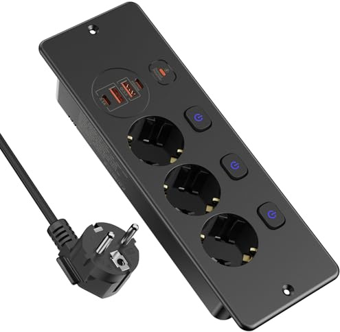 Prise encastrable avec USB, prise de table avec interrupteur indépendant, prise escamotable, avec câble de 1,8 m, 3 compartiments, protection contre les surtensions, 3250 W, pour cuisine, bureau, noir