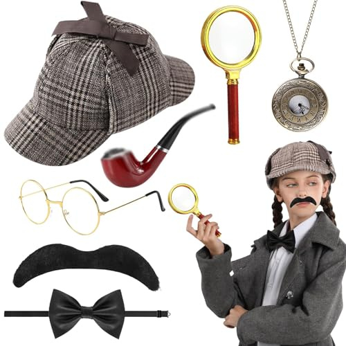 KVGBNT 7PCS Detektiv Kostüm Zubehör Set,Detektiv Accessoires mit Hut Brille Langer Mundschlauch Kunstbärte Taschenuhr Lupe Fliege,Detektiv Cosplay Requisiten für Karneval Cosplay Maskerade Party
