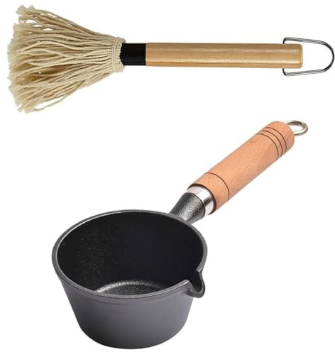 HyzaPhix Cast Iron Sauce Pot and BBQ Mop Brush Set for Grilling, Barbecue Basting Set with Saucepan and Brush Meat Smoker Accessories, BBQ Gifts for Men