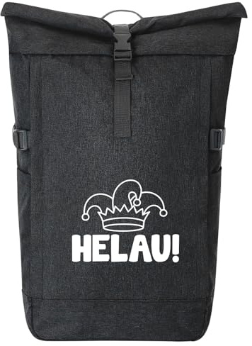 Huuraa Kurierrucksack Helau Narrenkappe 30-44 Liter Black Melange Fairtrade Rolltop Rucksack Geschenkidee