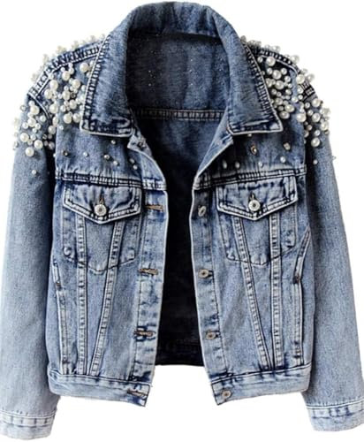Damen Jeansjacke Bestickte Niete Perle Kurze Jeansjacke Mantel (Blau,3XL)