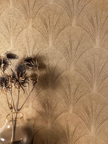 Newroom Vliestapete Gold Fächermuster Tapete Wohnzimmer | Art-déco Fächeroptik, Metallic-Schimmer, feine Glitzerpartikel, warmes Gold-Bronze, geometrische Muster, Schlafzimmer, Flur