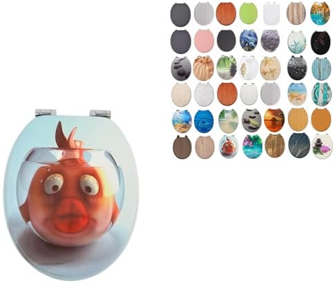 18 Universal MDF WC Toilet Seat – Easy Fit with Strong Zinc Alloy Hinges, Smooth Wipe Surface – Fits All Water Closets (Cartoon Fish Design)