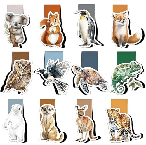 AMFUN 12 Stück Lesezeichen Magnetisch, Süsse Tiere Magnet Lesezeichen, Seitenclips Magnetic Für Schüler, Junge, Mädchen, Buchliebhaber