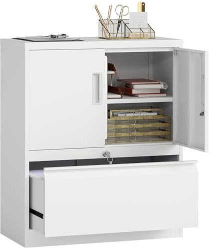 HOMCOM Aktenschrank Büroschrank Abschließbar mit Schublade 2 Türen Weiß | Mehrzweckschrank Aus Stahl, Aufbewahrungsschrank, Verstellbaren Regalen, Schrank, Lagerschrank, Allzweckschrank