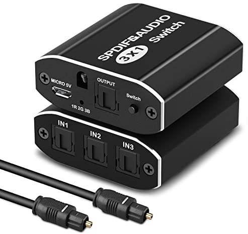 Tendak Toslink 3x1 Switch, 3 Port SPDIF Digital Optischer Audio Umschalter mit Fernbedienung Unterstützung Dolby-AC3 DTS LPCM 2.0 für PS5 PS4 Xbox One Series Blu-ray Player