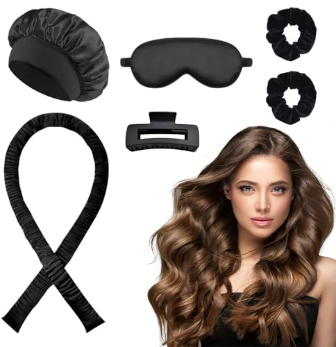 EUZUXU Boucle Sans Chaleur, 6 PCS Bigoudis sans Chaleur en Satin, Set Boucles Sans Chaleur avec Bonnet Cheveux, Boucles sans Chaleur pour Cheveux Moyens et Longs - Noir