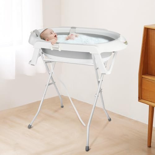 OHMG Faltbare Babybadewanne auf Fuß, Große XL Badewanne mit Ständer, Thermometer 2.0, Sitz und Entwässerungsset, Babyschüssel, ideal für die Dusche, von Geburt bis 3 Jahre, Babygeschenk