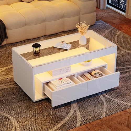 DHWDS Moderner Couchtisch mit LED Beleuchtung 110x50cm, 2 Schubladen und 16 Farben, Wohnzimmertisch aus gehärtetem Glas, Doppelschicht Design Hochglanz in Weiß, Fernbedienung inklusive