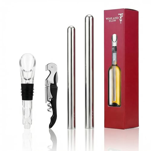 Wine and Flow Rafraîchisseur de Bouteille de Vin Kit 5 en 1 – 2 Bâtons Rafraîchisseurs Inox avec Verseur, Bouchon et Tire Bouchon – Refroidisseur Bouteille sans Glace, Idée Cadeau