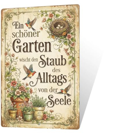 Putuo Decor Aluminium-Metallschild „Ein schöner Garten wischt den Staub des Alltags von der Seele“ Vintage Wanddekoration Landhausstil, Motiv Vogel Nest Blumen, Deko für Terrasse Balkon Wintergarten