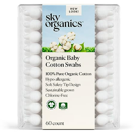 Sky Organics Bio-Baby-Wattestäbchen für Baby, 100% reine Bio-Baumwolle, GOTS-zertifizierte Bio-Baumwolle, 60 Stück
