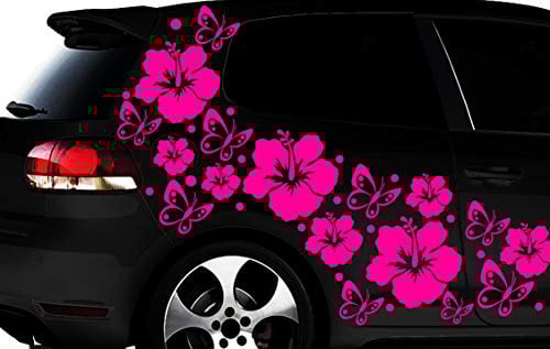 HR-WERBEDESIGN 108-teiliges Auto Aufkleber Hibiskus Blumen Schmetterlinge Hawaii WANDTATTOO l3p