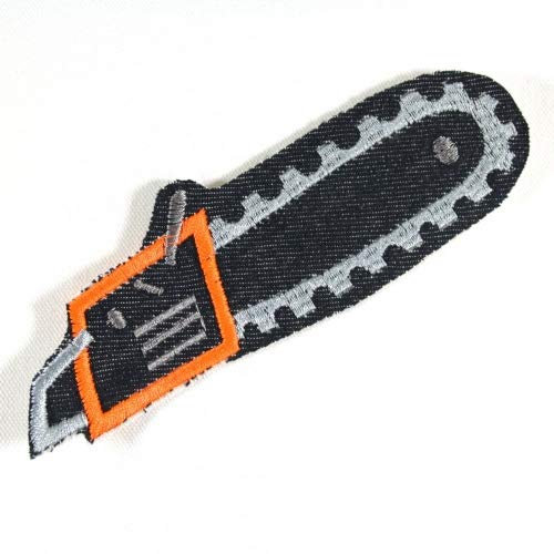 Bügelflicken Kettensäge Aufnäher Flicken zum aufbügeln Jeans 4 x 13cm Bügelbild Werkzeug Hosenflicken Motorsäge Aufbügler für Erwachsene