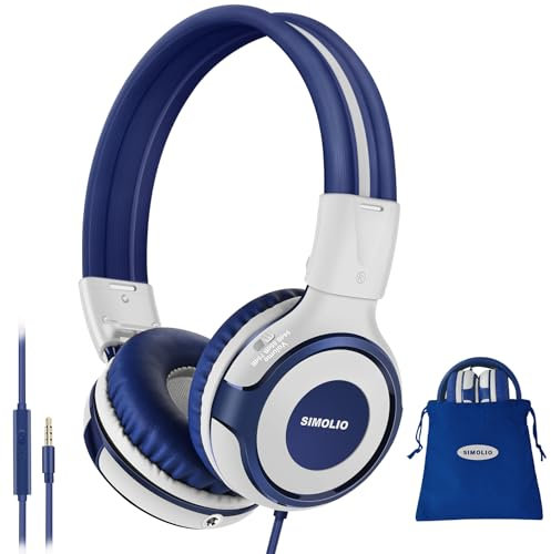 SIMOLIO Casque Audio Enfant avec Limiteur de Volume de 75dB/85dB/94dB, Casque Audio Filaire Enfant Pliable avec Pochette de Transport et Port de Partage et Microphone Intégré