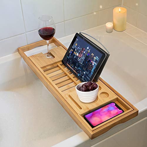 TRIXES Panier de Bain en Bambou de qualité supérieure - Spa de détente Extensible à la Maison de Luxe - Porte-Bouteilles - Porte-Livres - Fente pour téléphone - Bougies - Plateau latéral