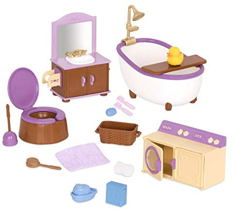 Li’l Woodzeez 16-teilig Badezimmer und Wäsche Zubehör Set – Badewanne, Waschbecken und mehr – Tierfiguren Accessoire Spielzeug für Kinder ab 3 Jahren