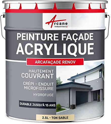 Peinture Façade - Peinture Hydrofuge Acrylique 14 couleurs - Dure jusqu'à 15 ans - 2.5 L (+ ou - 15 m² en 1 couche) Ton Sable - RAL 085 90 20 - ARCANE INDUSTRIES