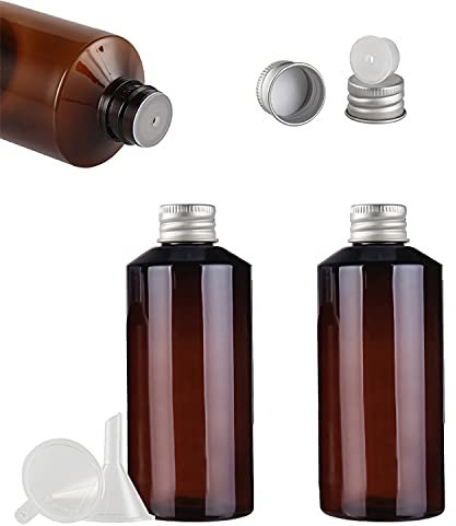 TIANZD Pack of 3 - Empty 200ml Brown Plastic Bottles with Silver Aluminium Screw on Lids and Orifice Reducers Refillable Containers for Cosmetic Alcohol Makeup Remover Essential Oil with Funnel