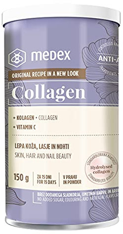 Medex Kollagen + Vitamin C, Pulver, 10.000 mg Rinderkollagen in der Tagesdosis, für feste Haut, Nägel und Haare,GLUTENFREI, LAKTOSEFREI, OHNE ZUCKERZUSATZ 15 Tage Anwendung, 150 g