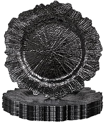 MAONAME 33 cm schwarze Platzteller, runde Riff-Ladegeräte für Speiseteller, Kunststoffteller-Ladegeräte für Tischdekoration, Hochzeitsdekoration, 12 Stück