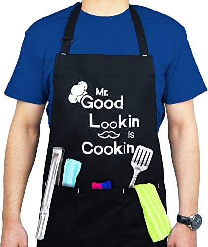 Exzillant,Bestickte lustige Schürzen für Männer,Mr Good Looking is Cooking,3 Taschen,ideal zum Grillen und Grillen,Geburtstags-, Weihnachts- und Kochgeschenke für Papa, Bruder, Schwarz, Einheitsgröße
