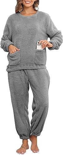 Yutdeng Pigiama Set Invernale di Caldo Pile Unisex Pigiami Due Pezzi da Donna e Uomo Abbigliamento da Notte Maniche Lunghe e Pantaloni con Tasche Pigiami Loungewear Tuta Casa,Grigio Scuro,M