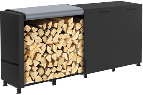 LOENIY 2,4 m Kaminholzregal Outdoor mit wasserdichter verbreiterter Abdeckung, robuster Kaminholzhalter inklusive Stützgurt, pulverbeschichtetes Holzregal für Kaminholzaufbewahrung