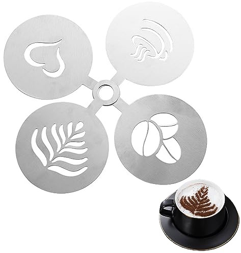 Kaffeeschablonen Cappuccino Schablonen Kaffee Zubehör 4 Stk silbrig | WUDQIJI aus Edelstahl Kaffee-Dekorationsschablone Dekorieren Schablonen Kuchenschablone für Latte-Kunst