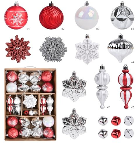 Beinhome Weihnachtskugeln-Set, 40 Stück, 7 cm, bruchsichere Kugeln zum Aufhängen, für Weihnachtsbaumschmuck, Verschiedene Formen und Größen, hängende Kugel für Feiertage, Festivals und