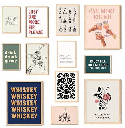 97 Decor Bar Cart Accessories and Alcohol Posters, Vintage Drink Pictures, Retro Trendy Wall Art Prints, Cocktail Decorations for Home (8x10 Unframed)