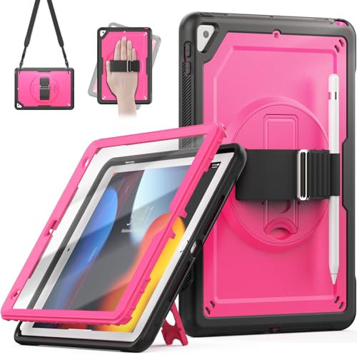 Timecity Hülle für iPad 9 Generation 10,2 Zoll, Stoßfest Robust iPad 9. 8. 7.Generation mit Displayschutz,360°-Drehbarer-Ständer Handschlaufe,Stifthalter,für iPad Air 3. Generation 10,5-Rose