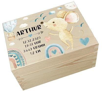 Erinnerungsbox Baby Maus personalisert mit Hochwertigem Farbdruck - Individuelle Baby Erinnerungsbox - Niedliche Erinnerungskiste aus Holz - Tolles Geschenk zur Geburt