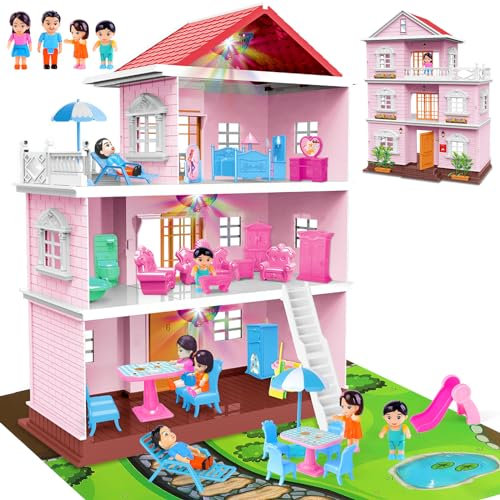 deAO Maison de poupée, DIY Mini-Maison de poupée, Villa de 3 étages avec 4 poupées, Abondant Mobilier - Aspirateur, Table, Armoire, Chaise Longue, Baignoire, Toilette, Balançoires, Toboggans, Cadeaux
