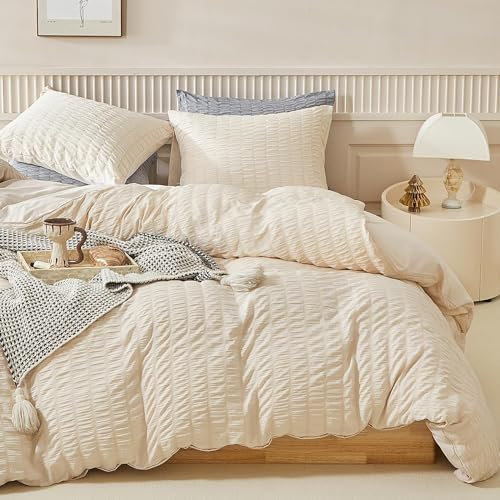 Sedefen Seersucker Bettwäsche 220x240cm Beige Creme Unifarben Wende Bettwäsche Set Weiche Doppelbett Sommer Bettbezug 220x240cm und 2 Kissenbezüge 80x80cm mit Reißverschluss
