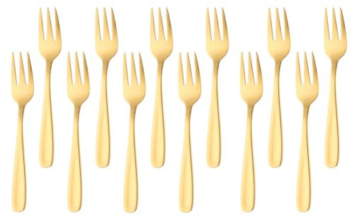 SBOMHS Lot de 12 fourchettes à dessert en acier inoxydable - Petites fourchettes à fruits - Pour mariage, gâteau, thé - Longueur : 13,6 cm - Doré
